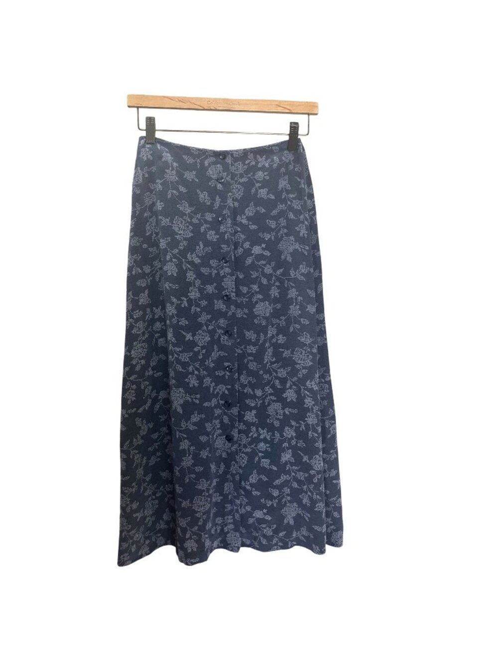 Vintage 90s Grey Floral Print Button Up A Line Midi Silk Skirt 4 Petite